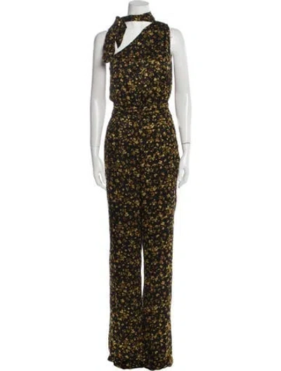Pre-owned Ramy Brook Floral Print Tie Neck Jumpsuit In Black