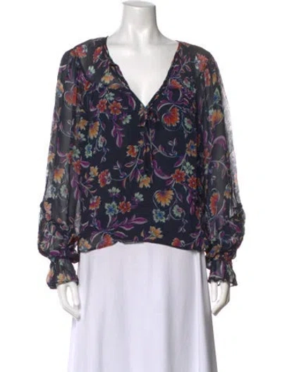 Pre-owned Ramy Brook Floral Print V-neck Blouse In Blue