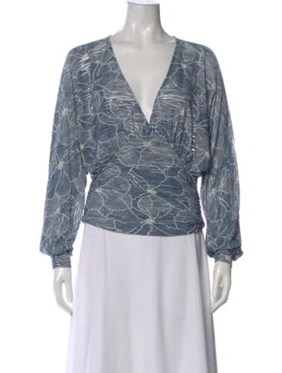Pre-owned Ramy Brook Floral Print V-neck Blouse In Blue
