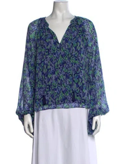 Pre-owned Ramy Brook Floral Print V-neck Blouse In Blue