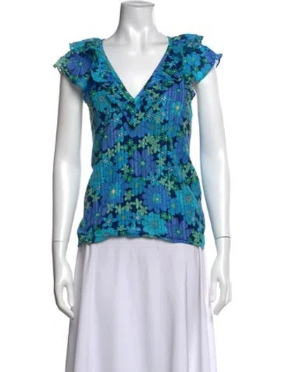Pre-owned Ramy Brook Floral Print V-neck Blouse In Blue