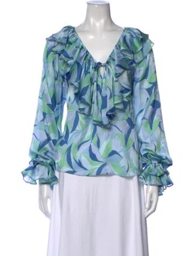 Pre-owned Ramy Brook Floral Print V-neck Blouse In Blue