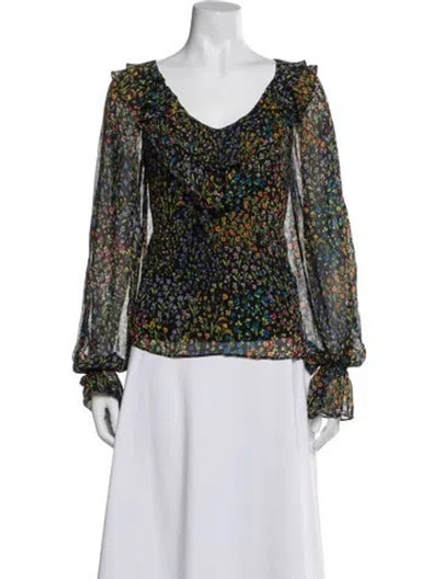 Pre-owned Ramy Brook Floral Print V-neck Blouse In Green