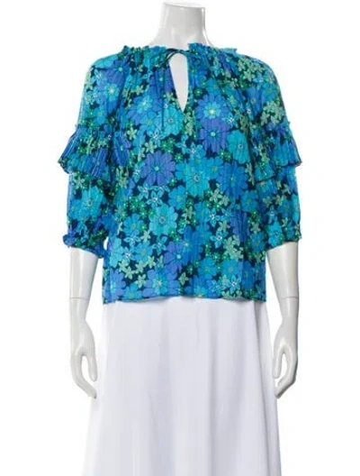 Pre-owned Ramy Brook Floral Print V-neck Blouse W/ Tags In Blue