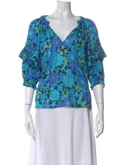 Pre-owned Ramy Brook Floral Print V-neck Blouse W/ Tags In Blue