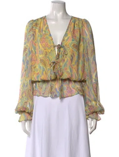 Pre-owned Ramy Brook Floral Print V-neck Blouse In Yellow