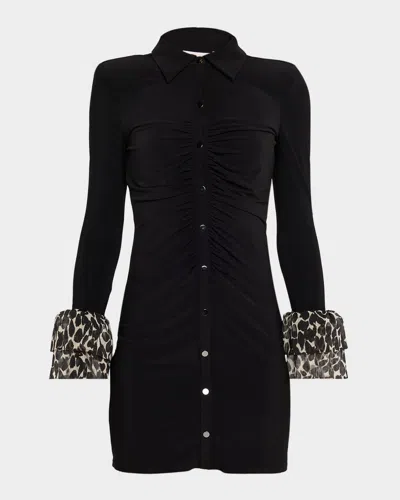 Ramy Brook Foliage Printed Tiered Cuff Mini Shirtdress In Black