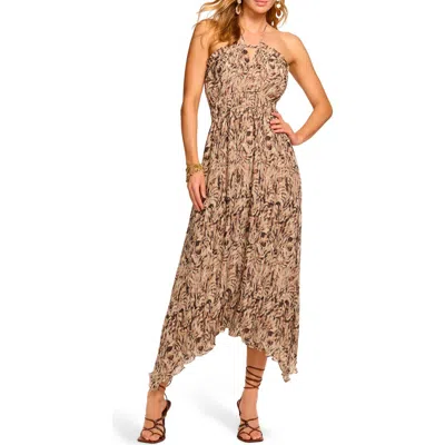 Ramy Brook Gabriela Abstract Print Handkerchief Hem Halter Dress In Brown