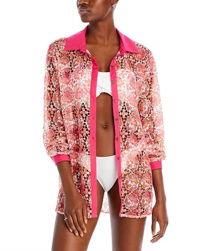 Ramy Brook Gary Princed Lace Swim Cover Up Shirt In Pink