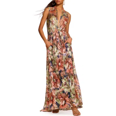 Ramy Brook Geanine Metallic Floral Print Sleeveless Maxi Dress In Coral Multi Blossom