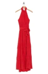 Ramy Brook Genevieve Halter Neck Tiered Maxi Dress In Red