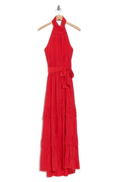 Ramy Brook Genevieve Halter Neck Tiered Maxi Dress In Red