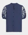 Ramy Brook Gia Open-knit Short-sleeve Blouse In Spring Navy Eyelet