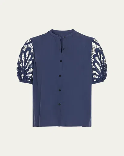 RAMY BROOK GIA OPEN-KNIT SHORT-SLEEVE BLOUSE