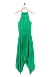 Ramy Brook Gia Palm Print Metallic Satin Jacquard Handkerchief Hem Dress In Green