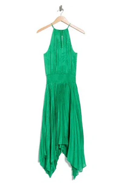 Ramy Brook Gia Palm Print Metallic Satin Jacquard Handkerchief Hem Dress In Green