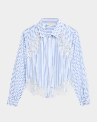 Ramy Brook Gia Striped Embroidered Button-front Shirt In Blue