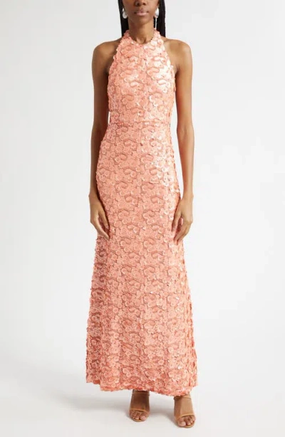 Ramy Brook Kinsley Floral Sequin Halter Gown In Orange
