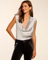Ramy Brook Gregory Metallic Cowl Neck Sleeveless Stretch Silk Top In Silver