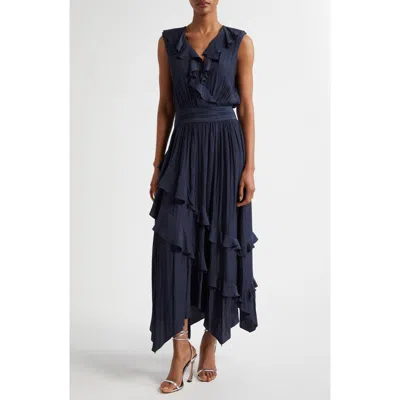 Ramy Brook Hadlee Ruffle Detail Sleeveless Dress In Spring Navy