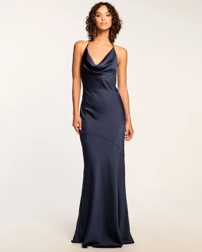 Ramy Brook Haleigh Cowl Neck Halter Gown In Navy