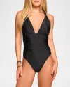 Ramy Brook Haley Ruched Plunging One Piece Swimsuit In Black