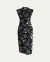 Ramy Brook Hallie Metallic Floral Mixed Media Ruched Velvet Dress In Lapis Velvet