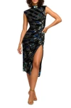 Ramy Brook Hallie Metallic Floral Mixed Media Ruched Velvet Dress In Lapis Velvet
