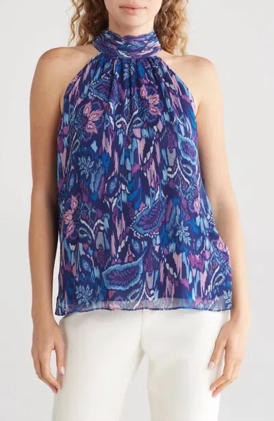 Ramy Brook Halter Neck Tank Blouse In Spring Navy Ikat Flower Print In Blue