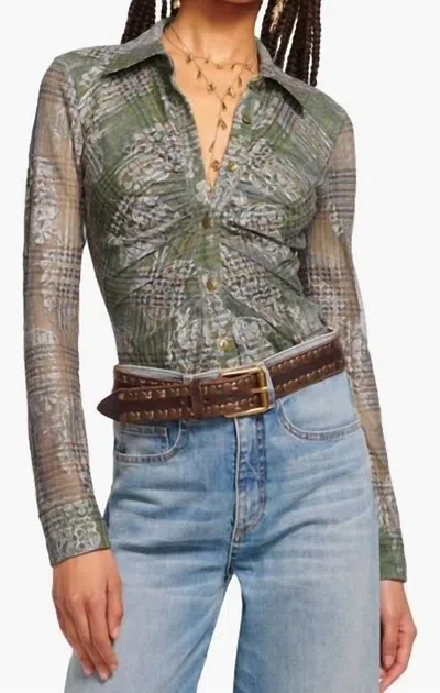 Ramy Brook Hamilton Plaid Jacquard Button Up Top In Dark Sage Tartan In Green