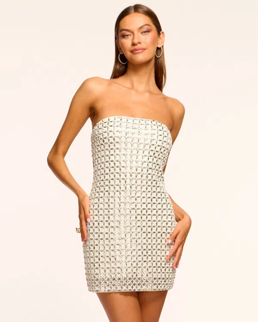 knee length dresses for ladies Lena Strapless Bodycon Beaded Mesh Mini Dress in Black | Size: XL | Knit Fabric/Mesh Fabric/Mesh Fabric