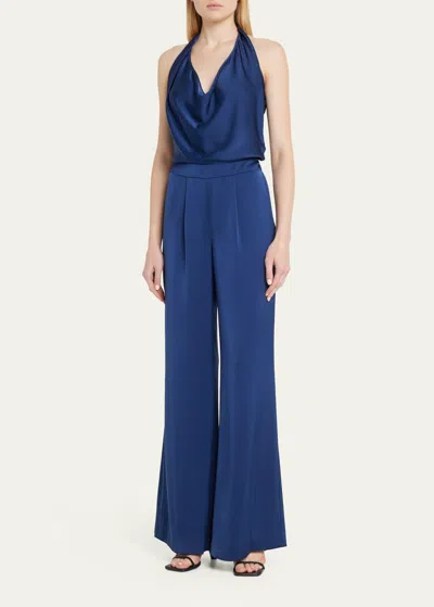 Ramy Brook Harriet Satin Halter Jumpsuit In Spring Navy