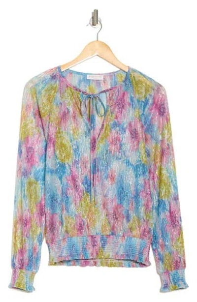 Ramy Brook Hawkins Tie Neck Top In Lime Multi Crinkle Flower Knit