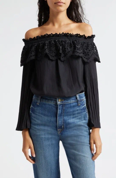 Ramy Brook Holland Ruffle Eyelet Off The Shoulder Top In Black