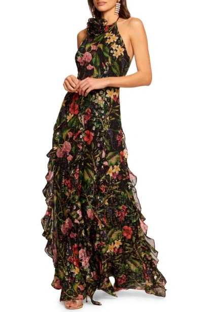 Ramy Brook Idella Metallic Floral Halter Neck Gown In Black Multi