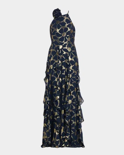 Ramy Brook Idella Ruffle-trim Metallic Floral Halter Gown In Black