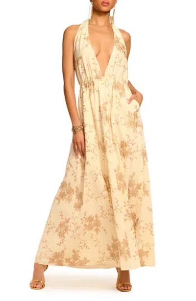 Ramy Brook Imelda Metallic Floral Plunge Halter Neck Maxi Dress In Neutral