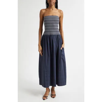 Ramy Brook Jace Cotton Poplin Strapless Smocked Maxi Dress In Blue