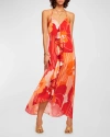 Ramy Brook Jeanette Womens Printed Satin Midi Dress In Flame Amore