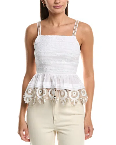 Ramy Brook Jess Smocked Embellished Peplum Tank Top In White