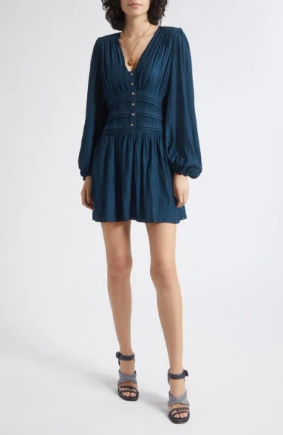 Ramy Brook Jules Pintuck Long Sleeve Dress In Blue