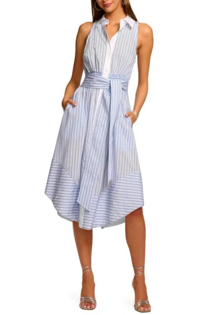 Ramy Brook Juniper Tie Waist Sleeveless Midi Shirtdress In Blue Stripe