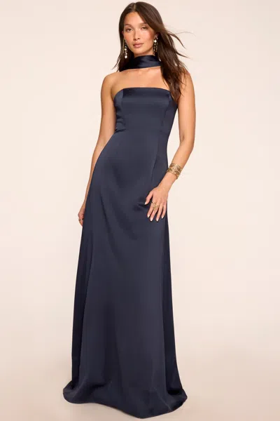 Ramy Brook Karma Scarf Strapless Gown Navy In Blue