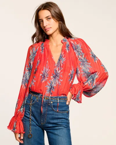 Ramy Brook Kassie Pleated Long Sleeve Blouse In Lily Floral