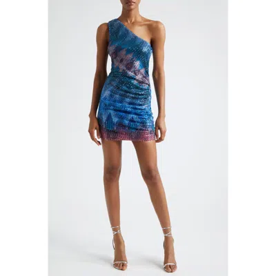 Ramy Brook Kathreen Sequin Chevron One-shoulder Minidress In Blue Chevron