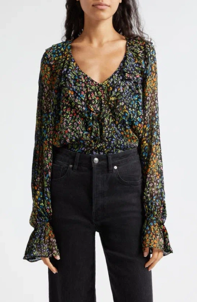 Ramy Brook Kendra Floral Print Ruffle Top In Black Garden Ditsy Print