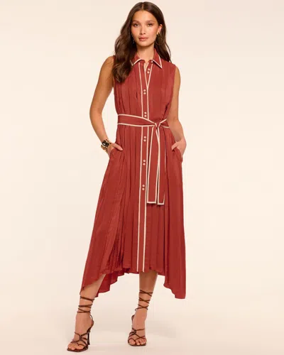 Ramy Brook Kenneth Button Down Pleated Midi Dress In Orange