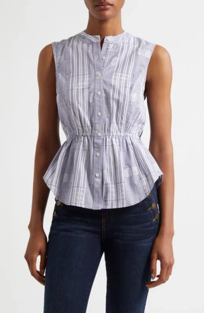 Ramy Brook Kezia Sleeveless Metallic Mixed Media Peplum Button-up Shirt In Navy Patchwork