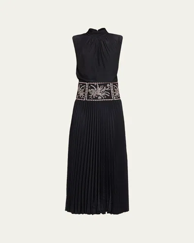 Ramy Brook Kimberly Embroidered Pleated Midi Dress In Black