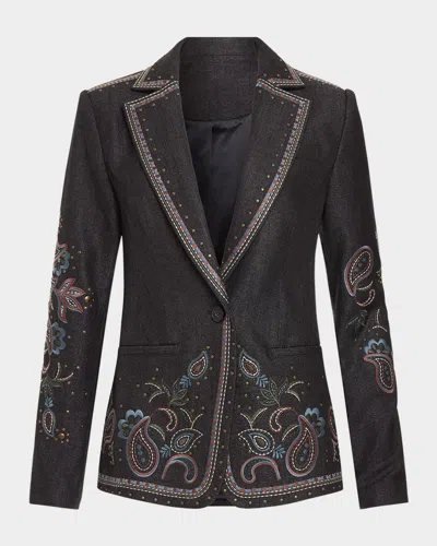 Ramy Brook Laura Embroidered Denim Blazer In Black